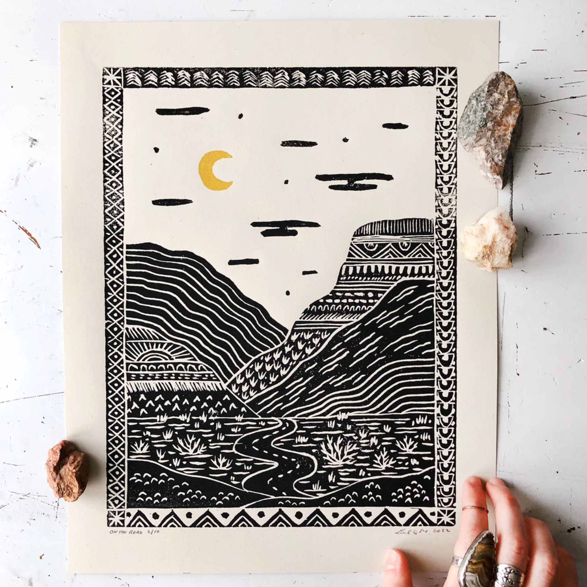 Handmade Original, Linoleum Block Print, Mountain Landscape 